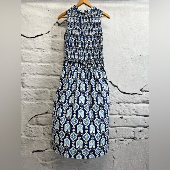 J. McLaughlin The Ciri Maxi Dress Blue Damask 100% Cotton Ruched Bodice Casual - Picture 11 of 14